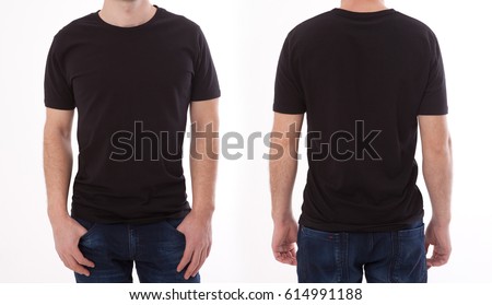 Shirt design and people concept - closeup of young man in blank black tshirt front and rear isolated. Mock up template for design print Royalty-Free Stock Photo #614991188