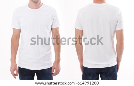 t-shirt design and people concept - close up of young man in blank t-shirt, shirt front and rear isolated. Royalty-Free Stock Photo #614991200