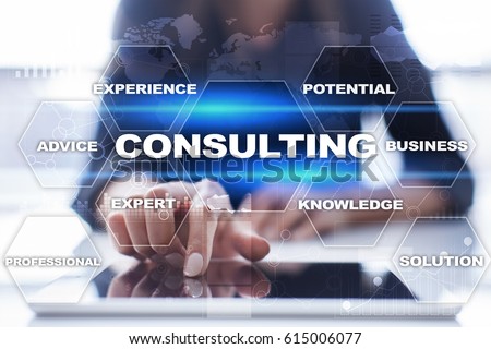 Consulting business concept. Text and icons on virtual screen. Royalty-Free Stock Photo #615006077