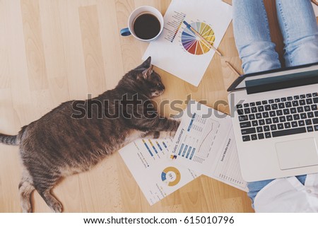 Working home concept - girl with smart phone, laptop and business reports.
