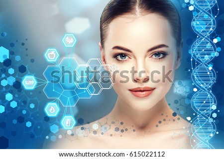 Beautiful woman info-graphic portrait with information and healthy concept Royalty-Free Stock Photo #615022112
