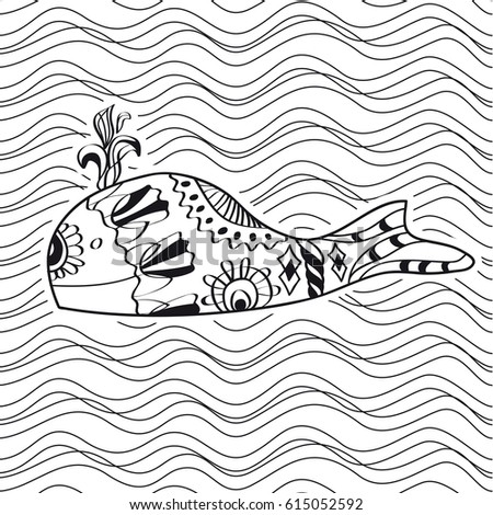 Whale coloring book for adults vector illustration. Anti-stress coloring for adult. Black and white lines.