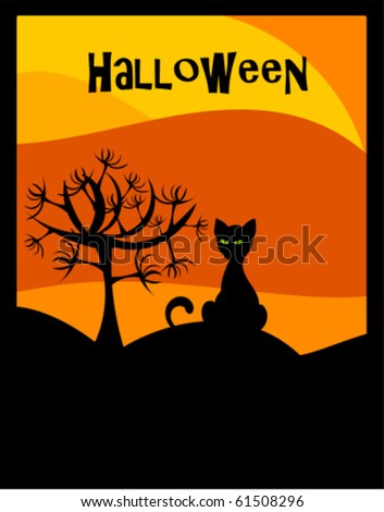 Halloween background with black cat and scary tree