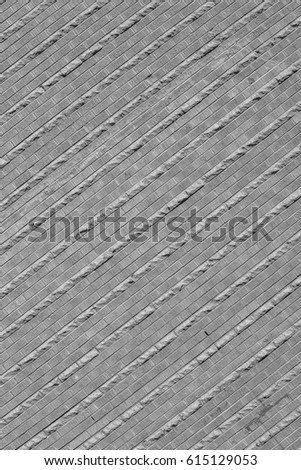 Monochrome photograph of a textured and patterned coral wall with mortar lines.