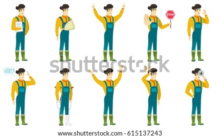 Successful asian farmer standing with raised arms up. Full length of happy farmer in coveralls celebrating with raised arms up. Set of vector flat design illustrations isolated on white background.