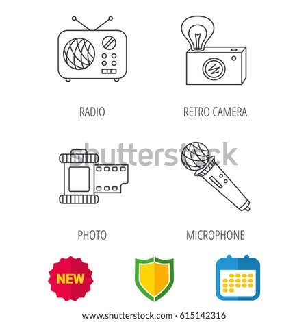 Microphone, retro camera and photo icons. Vintage radio linear sign. Shield protection, calendar and new tag web icons. Vector