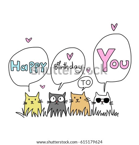Happy Birthday card for cat lover. Several cats sitting on grass and meowing "Happy Birthday to You". 