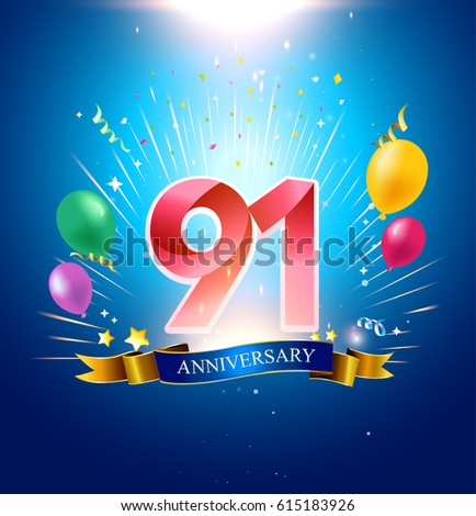 91st Anniversary with balloon, confetti, and blue background.
