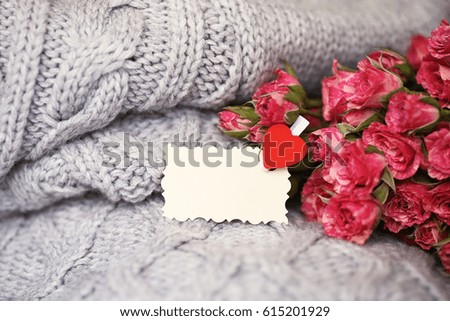 Bouquet of red roses on a textile sweater