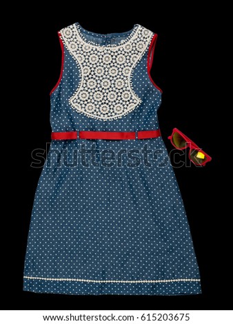 Blue Little Girl Dress, White Dots, Frock, Red Belt, Red Sunglasses Isolated on Black