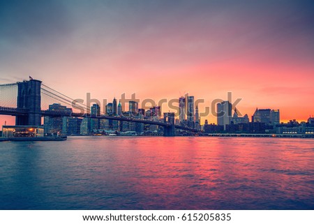 Brooklyn bridge and Manhattan at sunset, New York City