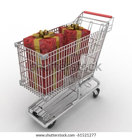 shopping cart full of gifts on white background
