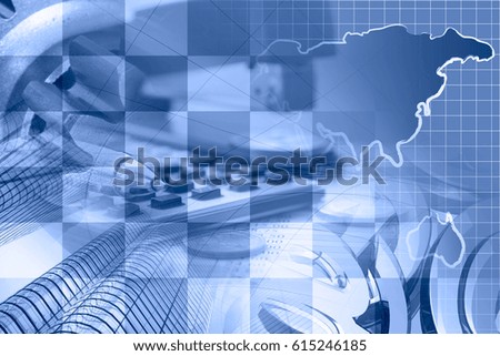Financial background in blues with map, money, calculator, table and pen.
