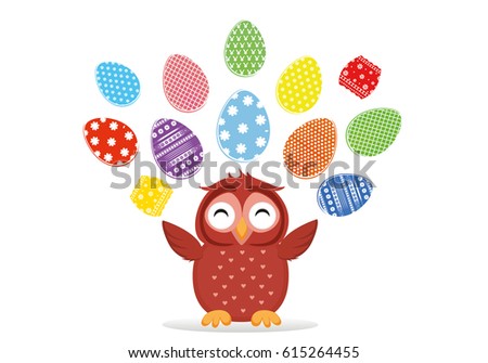 A cute owl has a happy smile and turns many colorful Easter eggs. Greeting card for the holiday. A blank space for your text or advertising. Vector