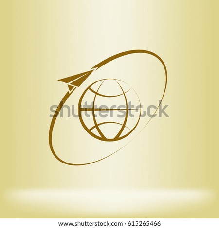 Airplane fly around the planet Earth. Logo.