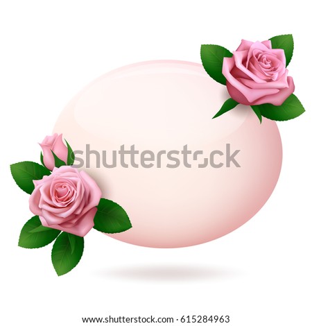Oval greeting card template with pink roses on white background. Place for your text.
