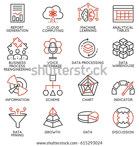 Vector set of 16 icons related to business intelligence, strategy management system and balanced scorecard. Mono line pictograms and infographics design elements Royalty-Free Stock Photo #615293024