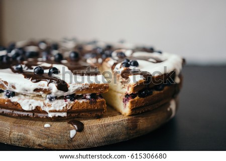 Homemade sponge cake with chocolate icing and blueberrie. Selective focus. Close up