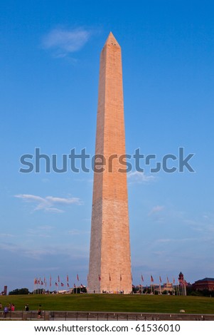 Outdoor view of Washington Monument in Washington DC with beautiful blue sky in background