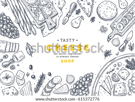 Cheese collection top view illustration. Antipasto table background. Engraved style illustration. Hero image. Vector illustration Royalty-Free Stock Photo #615372776