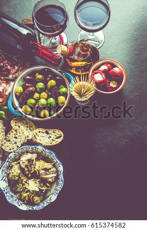 spanish tapas , food border background overhead view