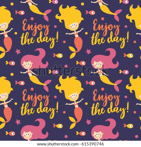 Marine cute seamless pattern with mermaids, fishes, algae, starfish, coral, seabed, bubble, enjoy the day postcard