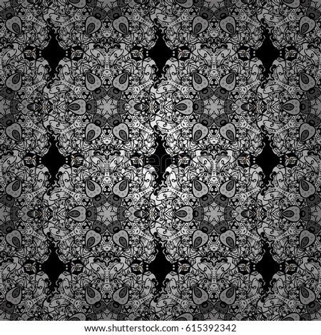 White seamless pattern on black background with white elements. Seamless vintage pattern on black background with whiteen elements. Christmas, snowflake, new year.