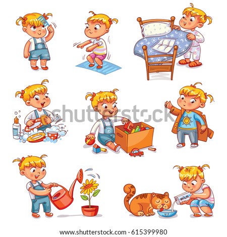 Daily routine. Child is combing his hair. Girl washes dishes. Kid is putting his toys in a box. Child makes bed. Girl himself clothes. Girl doing fitness exercise. Baby feeds a pet. Watering flowers Royalty-Free Stock Photo #615399980