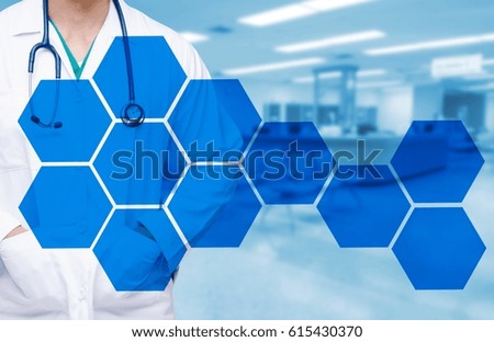 smart doctor with a stethoscope around his neck on the hospital blurred and hexagon shaped pattern design background, healthcare medical technology concept, copy space.