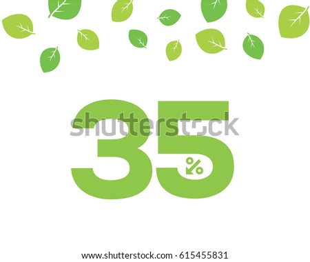 Vector green 35% text designed with an arrow percent icon on white background with leaves. For spring sale campaign. 