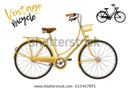 City bicycle. Vintage style in yellow. Set includes lettering and silhouette shape. Isolated vector illustration. 
