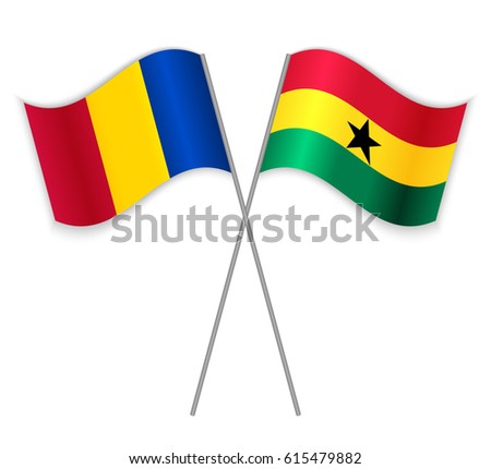 Chadian and Ghanaian crossed flags. Chad combined with Ghana isolated on white. Language learning, international business or travel concept.