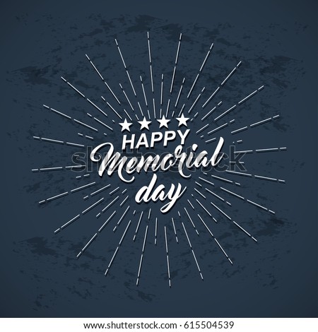 Memorial Day background with white stars, lettering and rays of burst. Template of greeting card for Memorial Day. Vector illustration. Royalty-Free Stock Photo #615504539