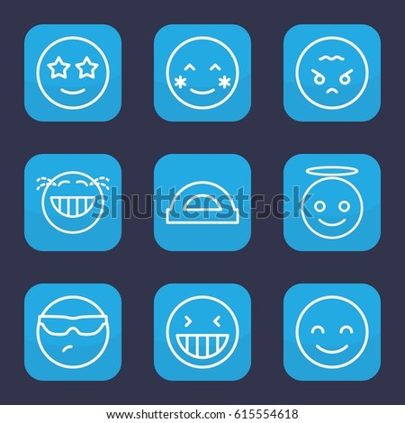 Cheerful icon. set of 9 outline cheerful icons such as laughing emot, blush, smiling emot, cool emot in sunglasses, emoji angel, happe emoji with star eyes, angry emoji