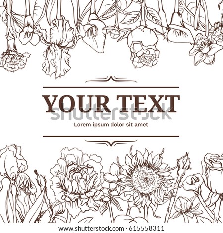 Monochrome vintage floral background with sunflower iris calla narcissus peony carnation flowers vector illustration 