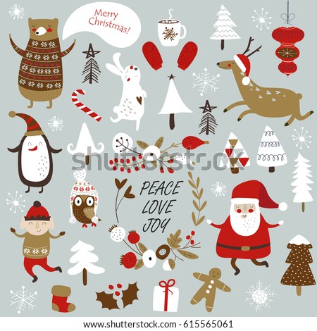 Christmas cards with cute Santa Claus,  trees, flowers,  mittens, snowflakes and christmas toys, penguin in winter cap, elf, christmas crackers and forest animals  in cartoon style Royalty-Free Stock Photo #615565061