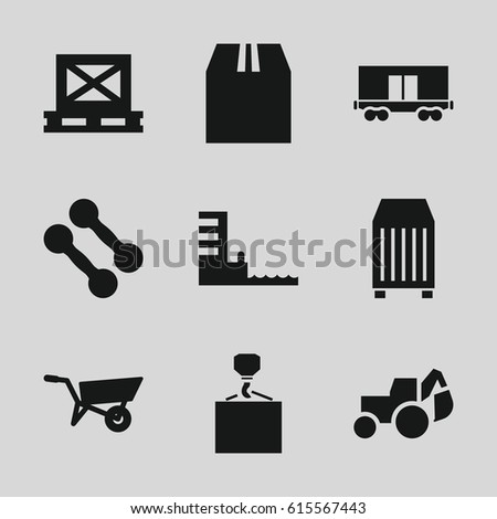 Heavy icons set. set of 9 heavy filled icons such as wheel barrow, excavator, hook with cargo, cargo on palette, harbor