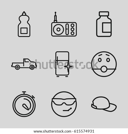 Cool icons set. set of 9 cool outline icons such as car, cleanser, clean fridge, medical bottle, stopwatch, radio, baseball cap, cool emot in sunglasses