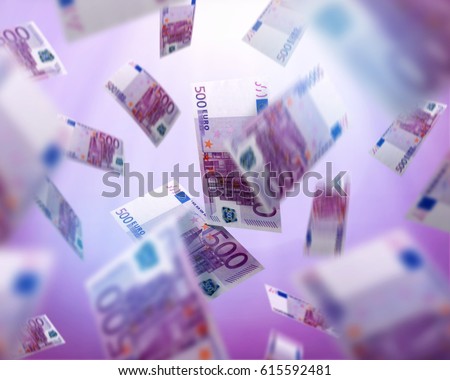 euro bills falling, money raining fom the sky, concept of success, luck and winning 