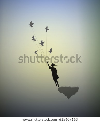 girl is standing on the edge of flying rock and holding pigeons, way in the dreamland, follow your dream, shadows, silhouette