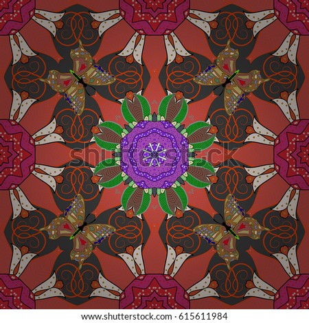 Arabic Vintage decorative ornament. Butterflies. Orient, symmetry lace, meditation symbol. East, Islam, Thai, Indian, ottoman motifs. Vector Mandala colored on a red background. Mandala pattern.