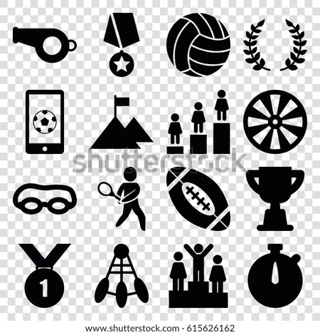 Competition icons set. set of 16 competition filled icons such as ranking, tennis playing, football on phone, olive branch, volleyball, american football, trophy