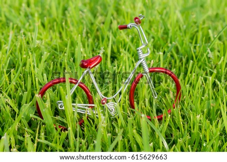 mini red toy bike on grass.