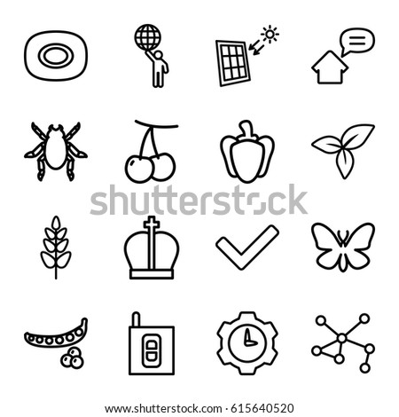 Green icons set. set of 16 green outline icons such as beetle, butterfly, cherry, peas, soap, leaf, pepper, plant, connection, intercom, solar panel, home message, tick