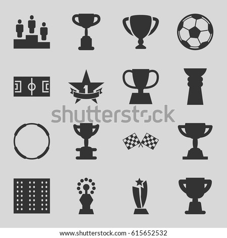 Championship icons set. set of 16 championship filled icons such as field, trophy, finish flag, ranking, 1st place star, fotball, football pitch