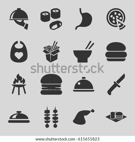 Lunch icons set. set of 16 lunch filled icons such as dish, baby bid, asian food, noodles fast food, soda and burger, meat leg, stomach, pizza, kebab, dish serving, bbq, sushi