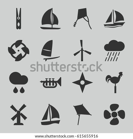 Wind icons set. set of 16 wind filled icons such as mill, kite, cloth pin, rain, weather vane, fan, trumpet, sailboat, windsurfing