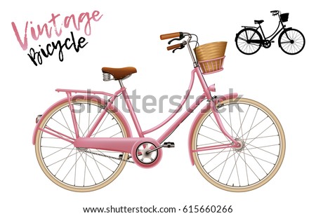 City bicycle. Vintage style in pink. Set includes lettering and silhouette shape. Isolated vector illustration. 