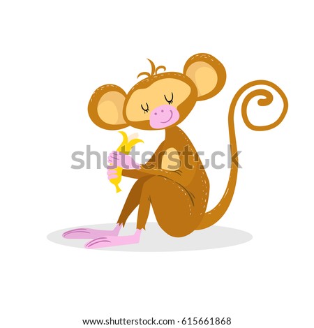 Cute cartoon trendy design little monkey enjoys banana with closed eyes. African animal wildlife vector illustration icon.