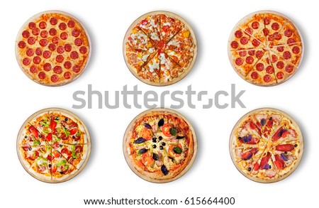 Six different pizza set for menu. Pepperoni, BBQ chicken, pepperoni cut,  deluxe, pizza with ham, pizza with salami, ham and bacon,